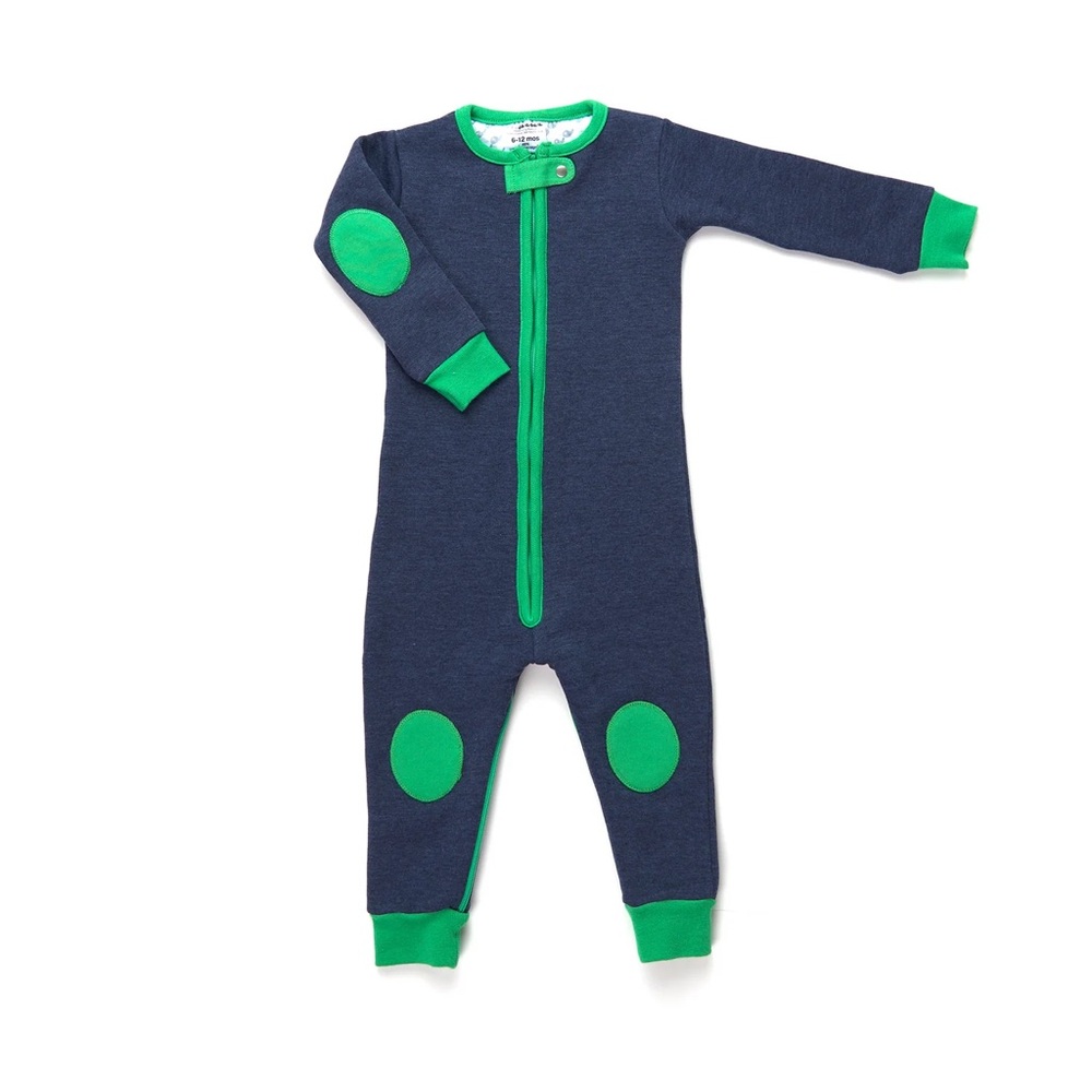 Navy & Green Zippered Kids Footed One-Piece